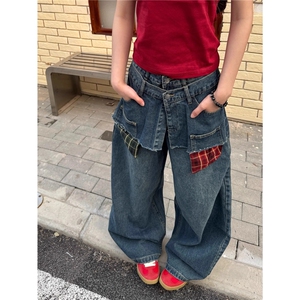 美式解构双腰头拼接弯刀牛仔裤男女设计感宽松阔腿裤子AA127-P60