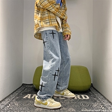牛仔裤男秋季潮牌美式复古高街hiphop裤子宽松阔腿拖地裤N060-P48，男装牛仔裤，星座1008