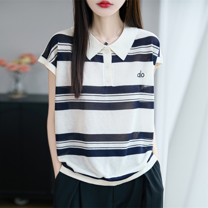 夏季新款天丝亚麻翻领刺绣条纹短袖女宽松百搭显瘦时尚休闲上衣,女装T恤,昭美羊绒