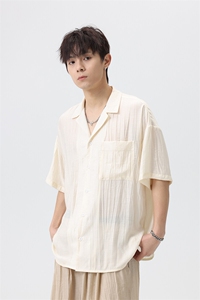 复古小众凹凸线条纯色短袖衬衫男潮牌街头宽松休闲衬衣CS2086-P45图片