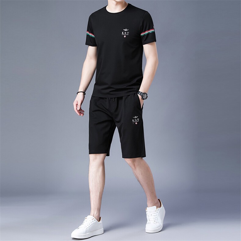 男士短袖冰丝套装2023新款潮流宽松衣服搭配休闲运动t恤两件套,男装休闲套装,电商B212（原钱塘6029）