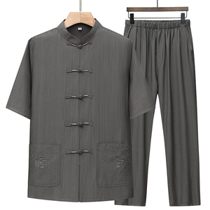 风唐装棉麻短袖衬衫套装男士夏装太极服宽松套装TRA301-P105图片