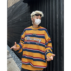 美式复古慵懒风条纹套头毛衣男女秋冬圆领情侣装针织衫MY0986-P60图片