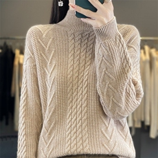 秋冬新款100%纯羊毛衫女圆领麻花针织长袖毛衣羊绒衫宽松打底上衣，女装羊毛衫，开创羊绒