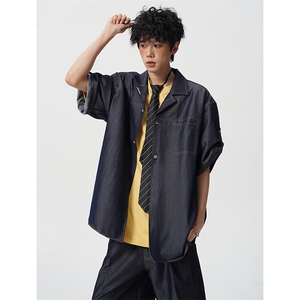 8XL-M 夏季简约高级感冰丝牛仔古巴领男休闲痞帅宽松套装潮TZ109图片