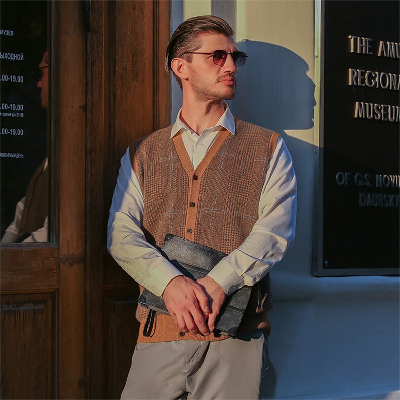 羊绒衫开衫背心男V领针织休闲拼色马甲男装，男装背心/马甲，美创羊绒