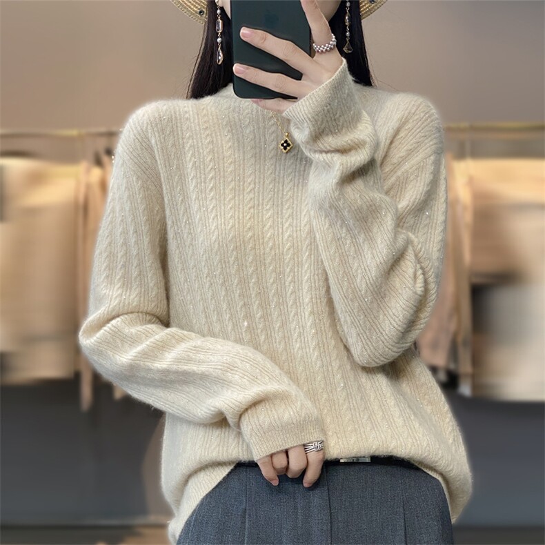 羊范羊毛衫女秋冬新款宽松半高领烫钻扭花针织衫显瘦打底衫，女装羊毛衫，唯若美羊绒