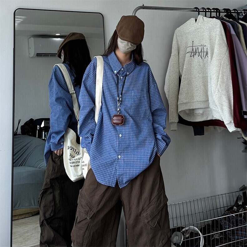 特批P35无差价秋季新款复古美式翻领格子衬衫男宽松衬衣外套C2555，男装衬衫，电商A001