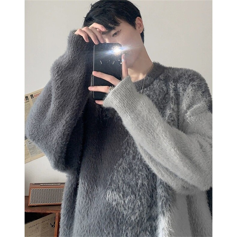 渐变慵懒毛衣男生秋冬仿貂毛时尚针织衫男毛衣外套毛绒 MY7205图片
