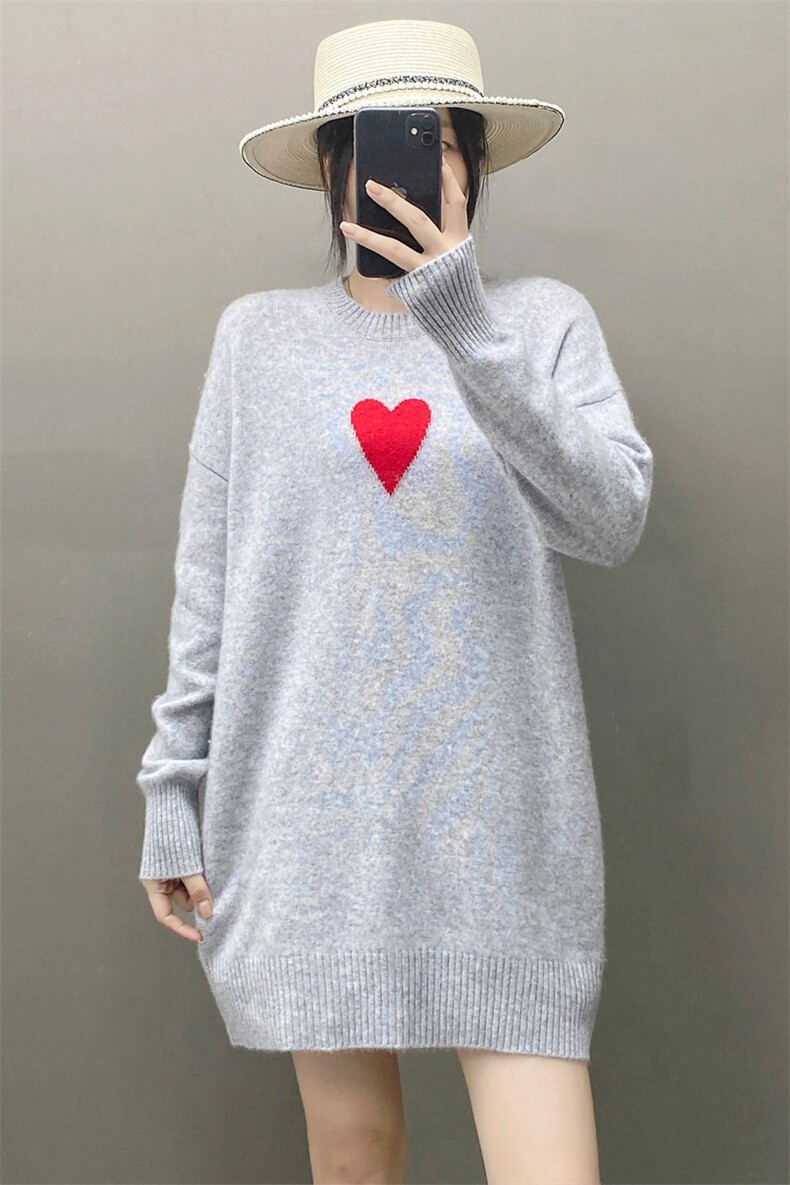 欧货慵懒软糯纯山羊绒衫女中长款毛衣圆领爱心宽松加厚针织连衣裙,女装羊绒衫,织绒羊