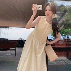 2024夏季新款韩版百搭时尚宽松连衣裙女无袖压褶显瘦背心长裙子潮，女装连衣裙，C位