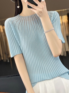 时尚洋气亮片薄款羊毛针织衫短袖女夏季宽松半袖套头T恤冰丝上衣图片