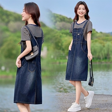 现货，夏季条纹假两件牛仔连衣裙，女装连衣裙，利佳可人