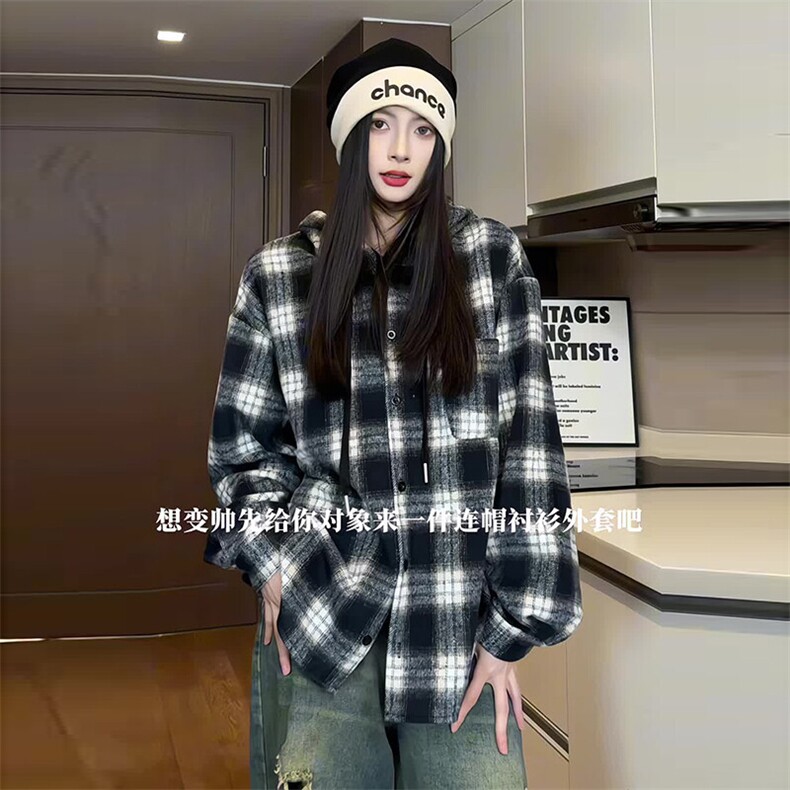 2025新款连帽衬衫格子外套潮流百搭长袖上衣A086-SY6292-P50，男装夹克，电商基地A086