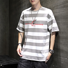 条纹t恤男短袖2021新款潮牌夏季男宽松半袖体恤潮流衣服T213-P30，男装T恤，星座509