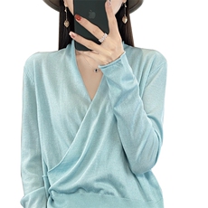 春秋新款精纺超细羊毛针织衫女交叉V领毛衣打底宽松羊绒裹胸上衣，女装针织衫/毛衣，琳华羊绒