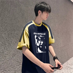 抖音得物品质二开240克宽松纯棉美式潮牌插肩三杠织带短袖T恤图片