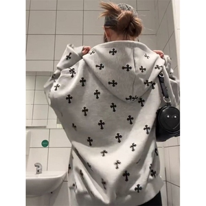 美式复古十字架印花2025新款连帽卫衣男女W3092常规P53加绒P58图片