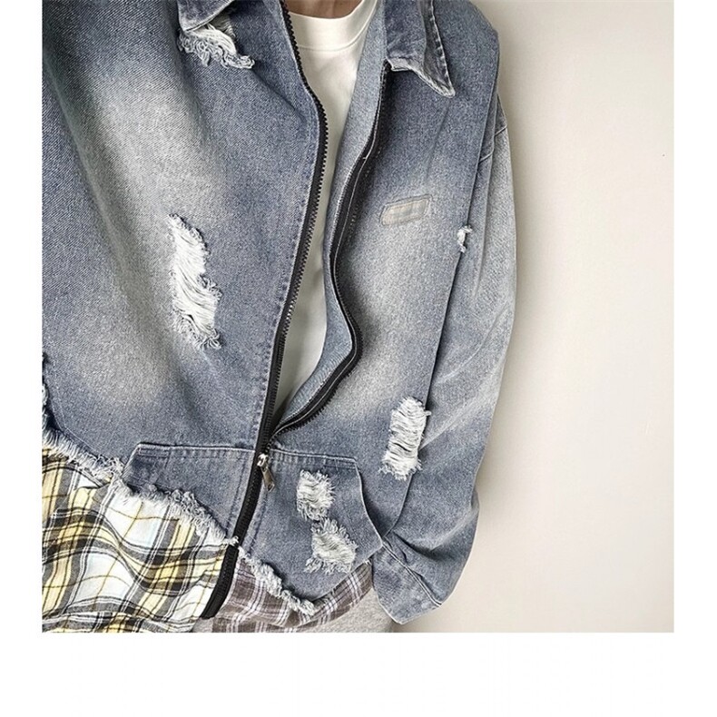 美式潮牌不规则假两件拼接破洞牛仔夹克男女复古外套JK89722-p79,男装工装外套,星座1008