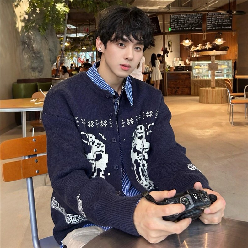 网图藏青色费尔岛毛衣开衫男美式复古情侣针织衫外套MY5333-特P60,男装针织衫/毛衣,星座1007（原301D）