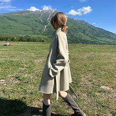 2025年夏季常规长袖纯色中长款系带立领中款腰带时尚百搭简约大方，女装双面呢大衣，蒙绒特