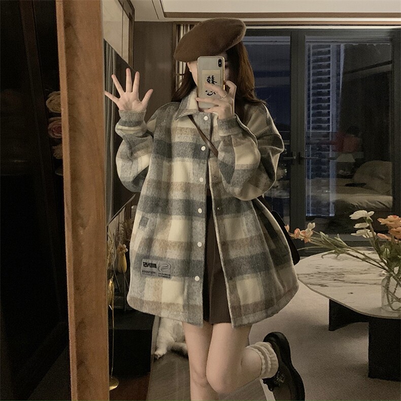 A524-P78大格子毛呢外套宽松翻领夹克男女宽松春秋季上衣,男装夹克,星座911