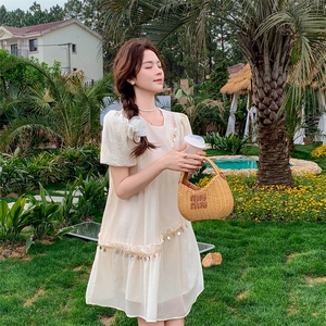 法式泡泡袖连衣裙女2025夏季新款小个子超好看独特漂亮拼接长裙子图片
