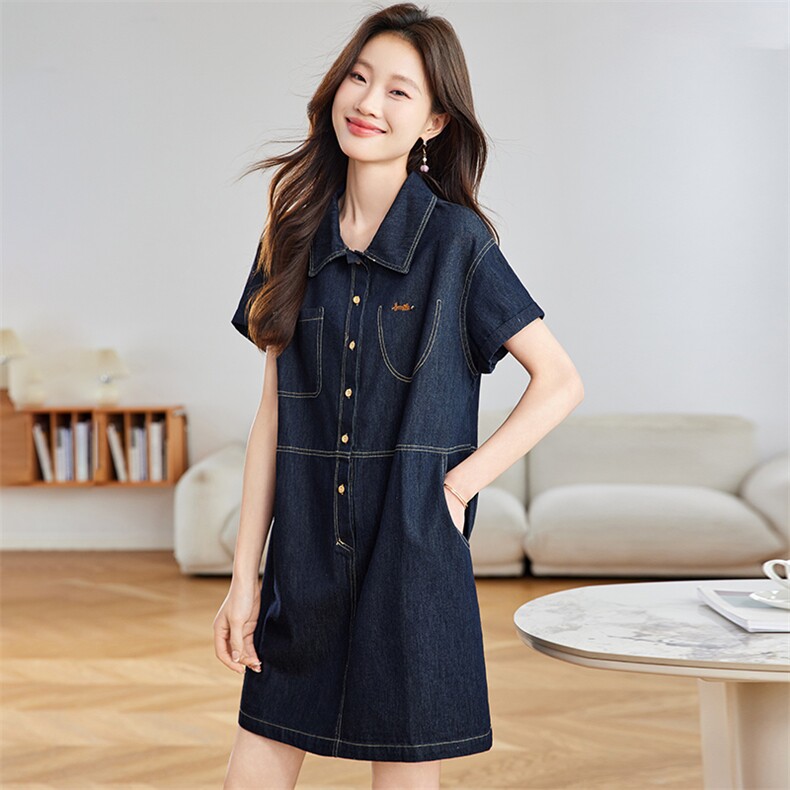 深蓝色休闲牛仔连衣裙女2025夏季新款小个子宽松翻领短袖衬衫裙子,商品下架区,魅家