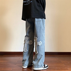 秋季新款美式十字架贴布绣牛仔裤XZ604-KN08-P65控78，男装牛仔裤，星座604