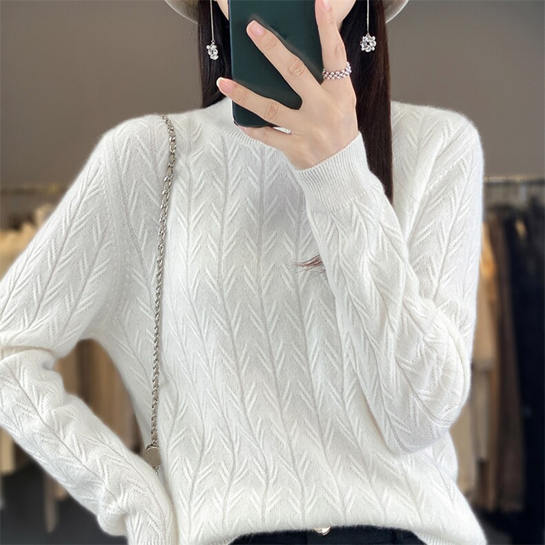 秋冬新款半高领提花100%纯羊毛衫女纯色长袖毛衣宽松羊绒衫打底衫图片
