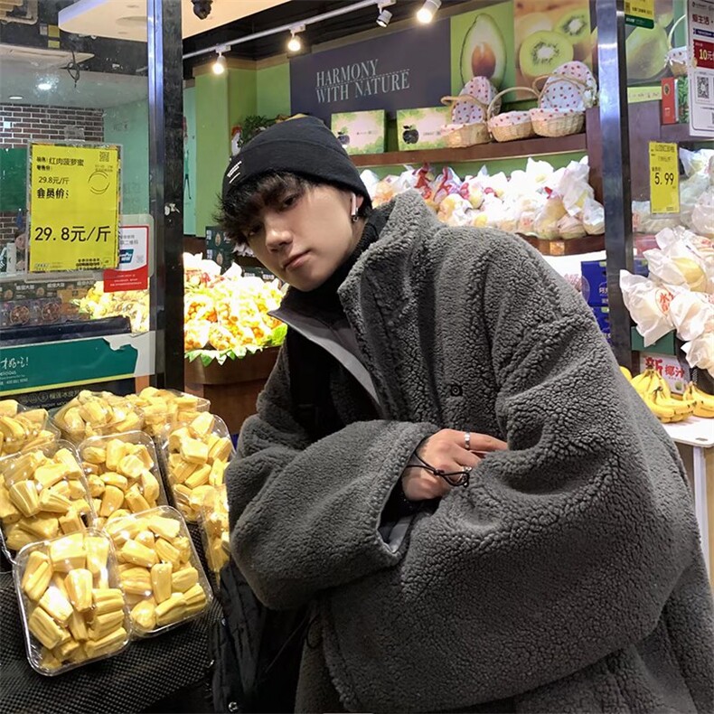 pu皮棉服男2025年痞帅羊羔绒双面穿棉衣ins潮牌宽松冬装棉袄外套,男装皮衣,星座506A