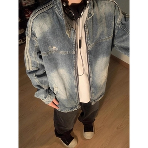 JK8946-P70 FN美式覆古水洗条纹立领牛仔外套男女宽松情侣夹克图片