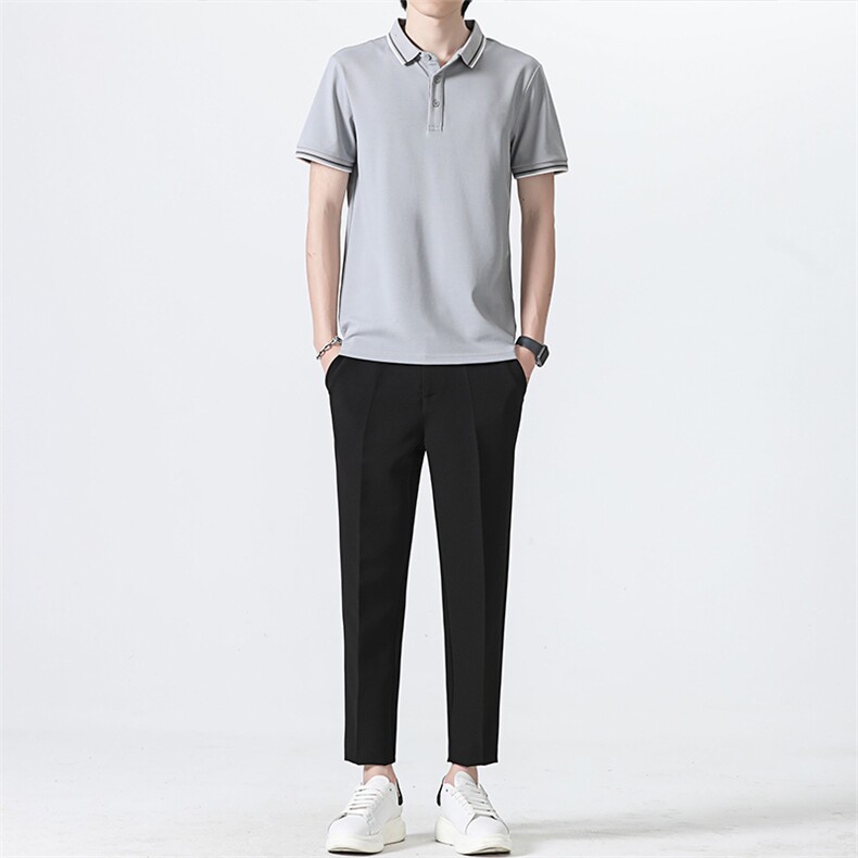 冰丝套装夏季九分休闲西裤男长裤修身韩版短袖POLO衫两件套潮,男装衬衫,星座505-2（原电商A260-1)