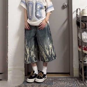 大码美式复古闪电爆裂纹牛仔七分裤夏季新款高腰宽松阔腿中裤子图片