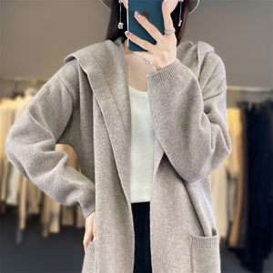 中长款100%羊毛连帽开衫女带兜长袖针织外套毛衣宽松羊绒外搭大衣图片
