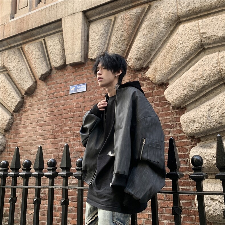 春秋季假两件双拉链设计感连帽棒球夹克外套宽松街头风上衣,男装皮衣,星座1210-1