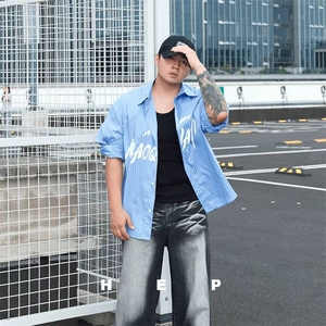 【侯二胖】学院风条纹秋季新品印花长袖日系休闲宽松衬衫图片