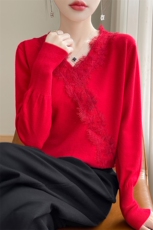 2024年新款女士秋季蕾丝边V领针织衫休闲气质，女装针织衫/毛衣，皓宇羊绒