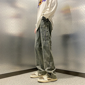 美式高街vibe风直筒长裤欧美痞帅男hiphop复古水洗牛仔裤图片