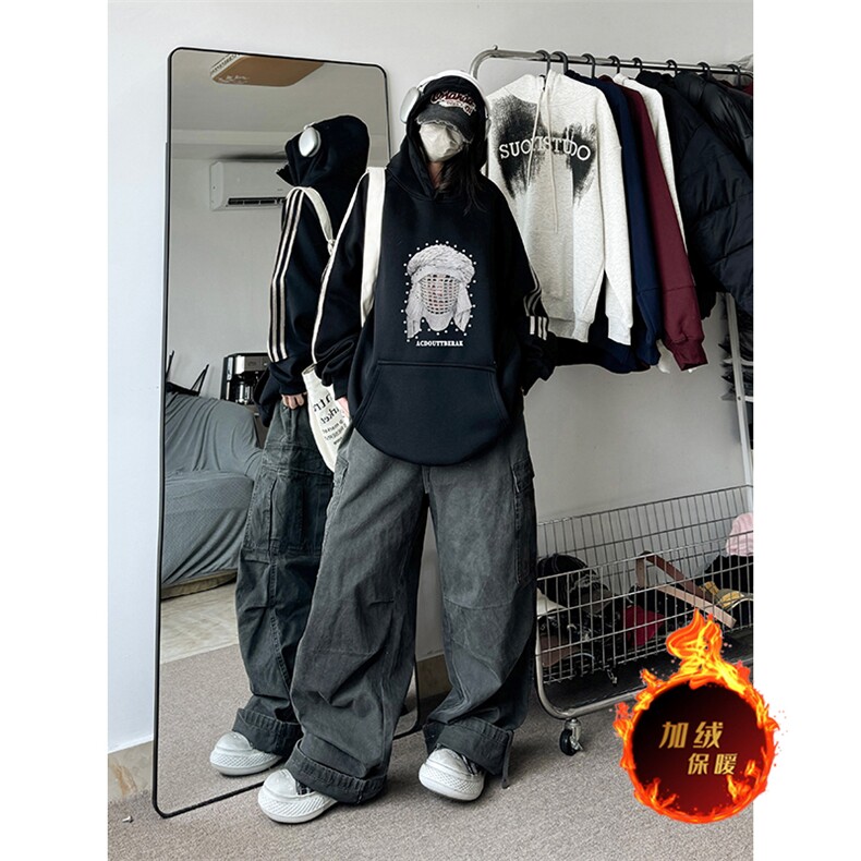 抖音得物供货提供视频秋冬重磅美式宽松织带连帽卫衣0436,男装卫衣,电商A486