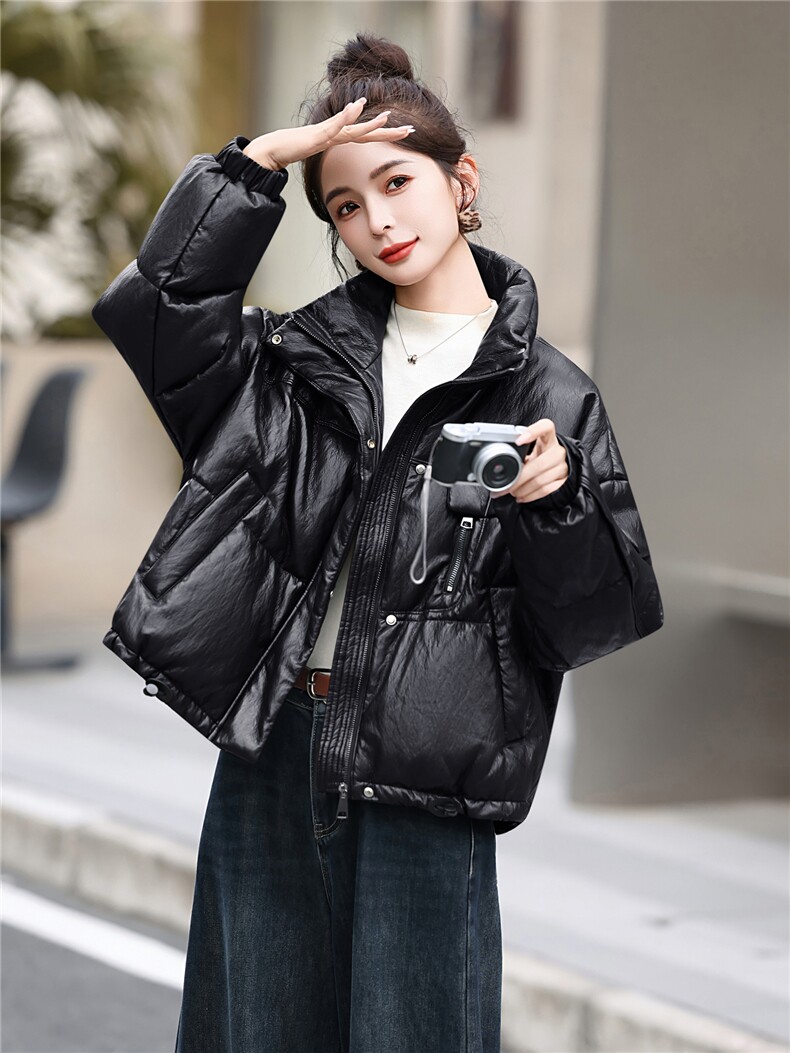 高端柔软蛋白皮时尚羽绒服女免洗立领皮衣时尚韩版时尚2026冬新款,女装羽绒服,意芙