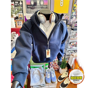 480G重磅加绒硬挺boxy男女秋冬美式高街结构半拉链卫衣开衫厚外套图片