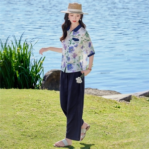 2026年夏季休闲时尚翻领印花上衣衬衫裤子套装两件套女图片