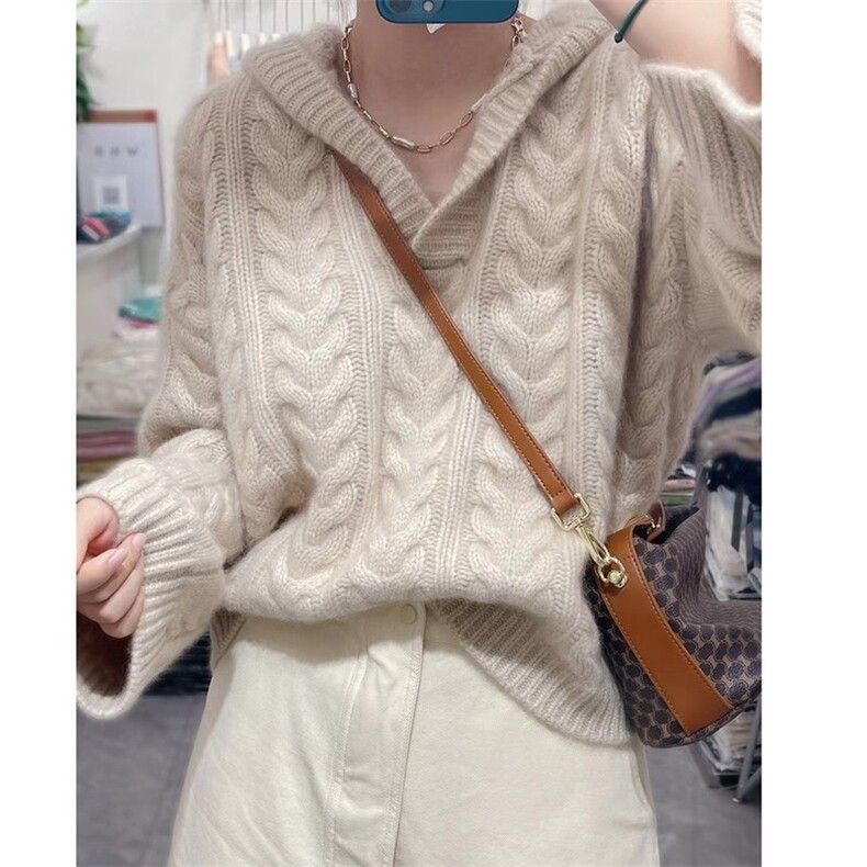 秋冬新款连帽针织加厚套头毛衣女扭花帽衫打底羊毛衫，女装羊毛衫，思途羊绒