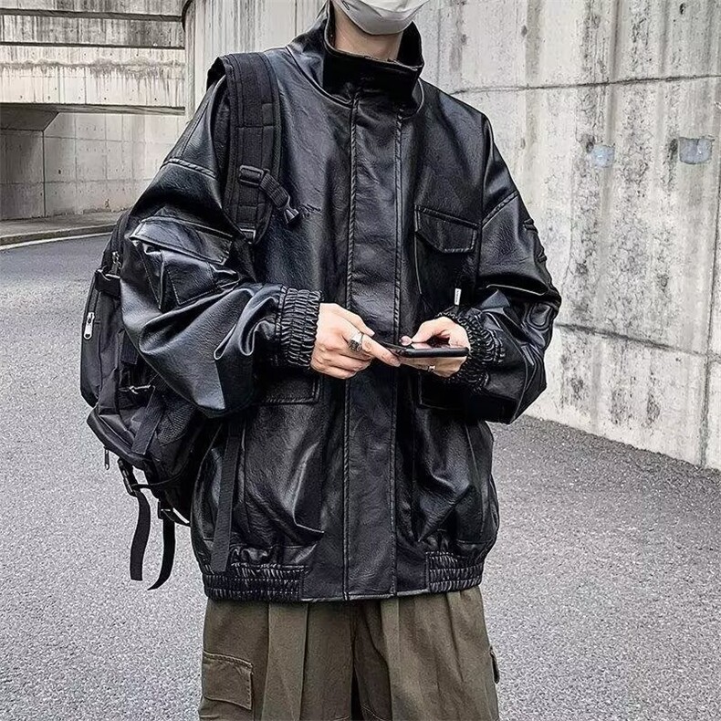 街头百搭质感黑色机车皮衣男士春秋季防风短款廓形外套HH020P80,男装皮衣,星座1013-5