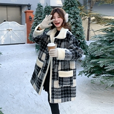 中长款黑白格子羊羔毛夹棉外套2C317A-8830-P205-K295，女装短外套，2C317A