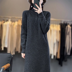 女士羊毛衫女秋冬季保暖针织POLO领羊毛裙，女装连衣裙，暖思雅