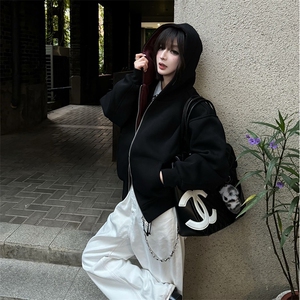 重磅高品质硬挺boxy26春装美式高街结构撞色拼接连帽卫衣开衫外套图片
