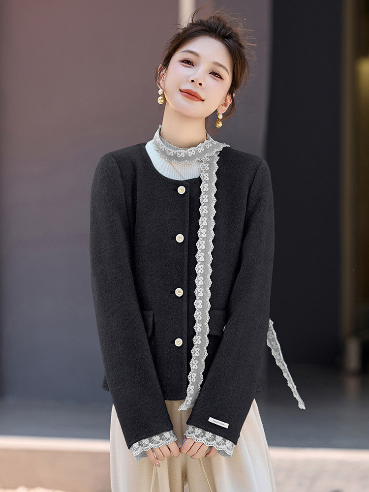 小香风蕾丝拼接短款毛呢外套女2025秋冬新款气质显瘦双面羊毛大衣,女装双面呢大衣,琦鑫阁（原依鑫阁）