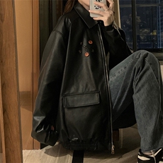 复古皮衣外套女春秋宽松显瘦百搭设计感纽扣装饰机车服潮C705-110，男装皮衣，星座911-2(原星座613-2）